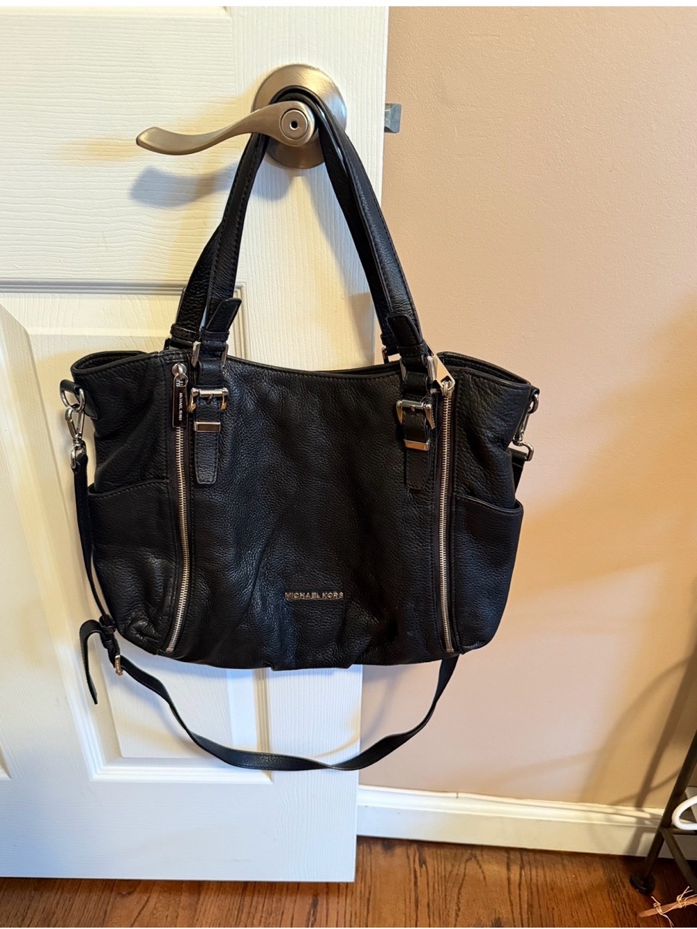 Michael Kors Black Pebbled Leather Tote with Silver Hardware